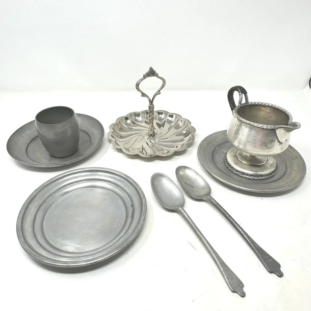 Vintage Pewter Silver Plate Lot 8 Pc Mixed Patina Shabby Cottage Rustic Decor